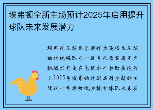 埃弗顿全新主场预计2025年启用提升球队未来发展潜力