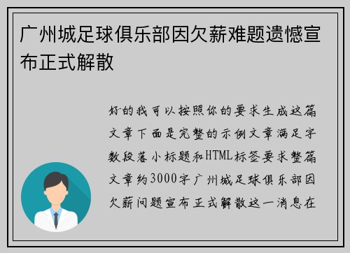 广州城足球俱乐部因欠薪难题遗憾宣布正式解散 广州城足球俱乐部因欠薪难题遗憾宣布正式解散
